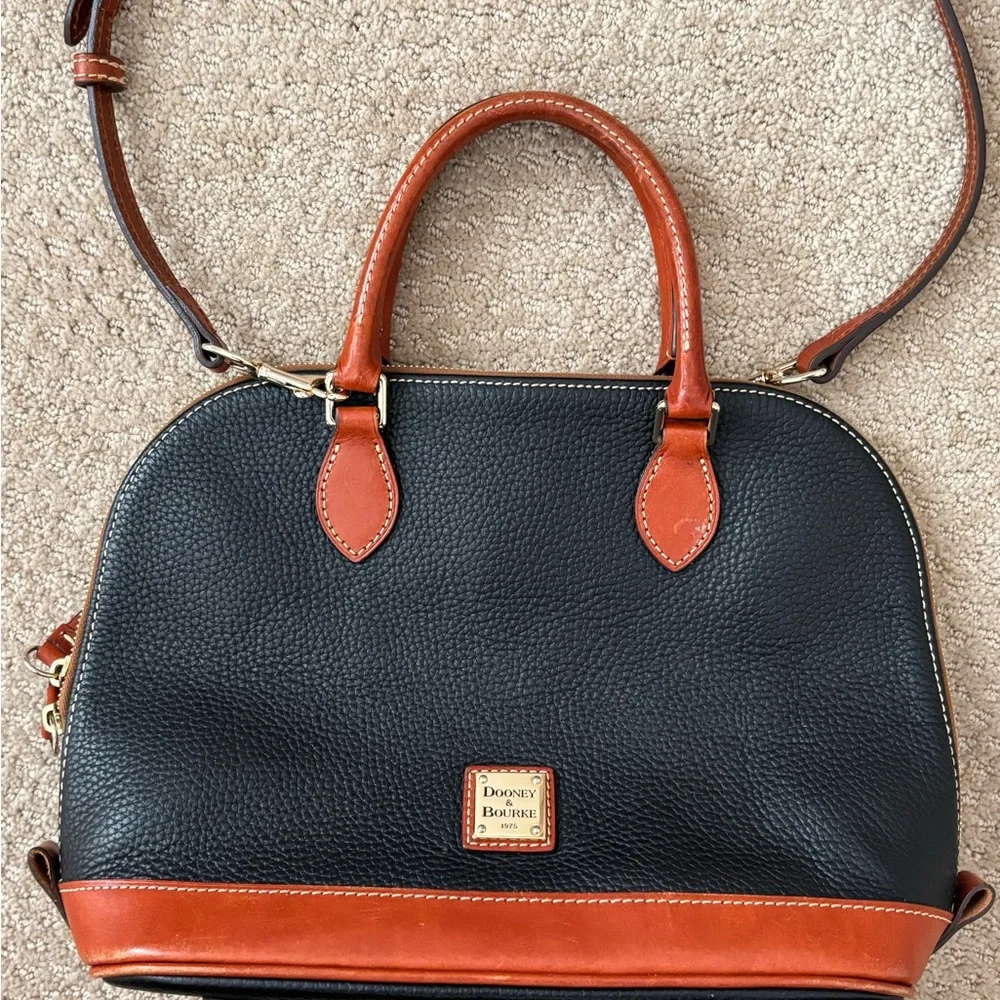 Dooney and Burke Pebble Grain Zip Zip Satchel. Black w/ brown leather accents. - Picture 2 of 7